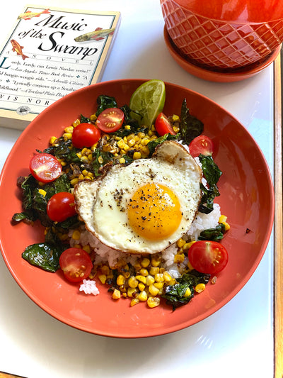 Corn, Kale, and Cherry Tomato Rice Bowl