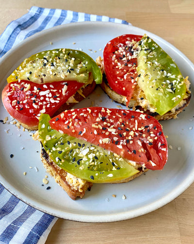 Tomato Toast with Cheddar Mayo and Everything Bagel Seasoning